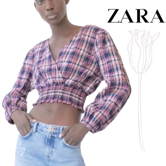 Zara Tops - Zara Plaid Checked Cropped Smocked Hem Long Sleeve Blouse Top